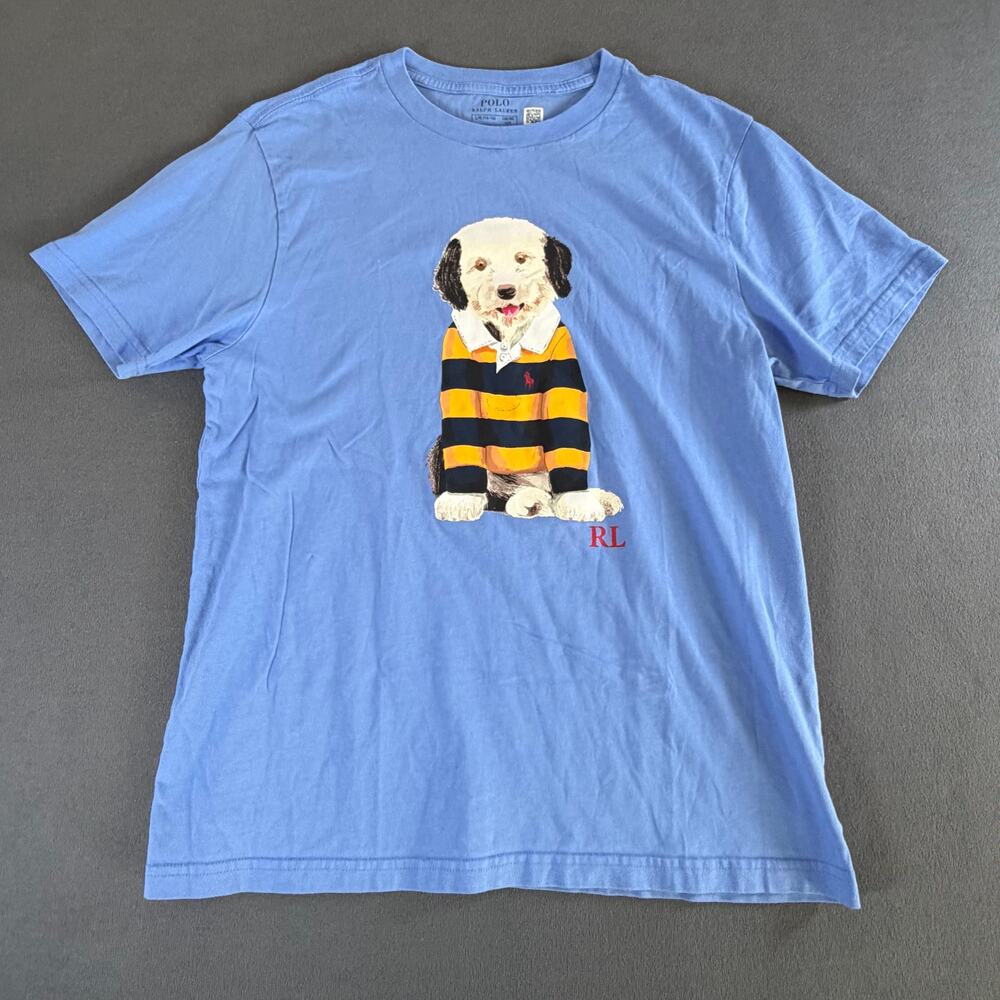 Polo Ralph Lauren Boys L 14-16 Blue Graphic T-Shirt Striped Rugby Shirt Dog